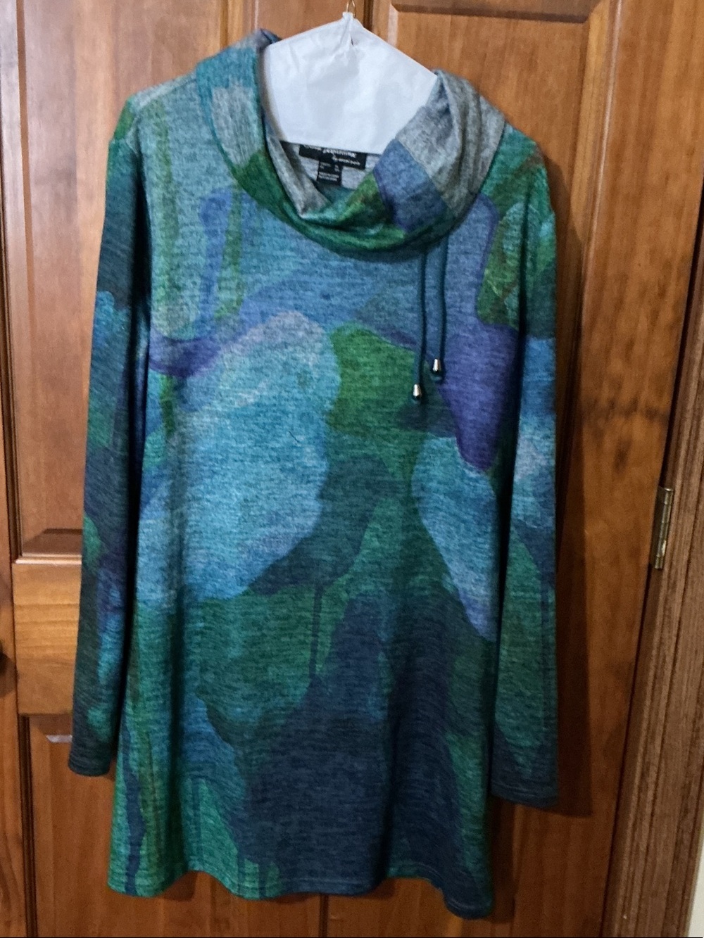 Cowl Neck Tunic Sweater in Blue and Green .
